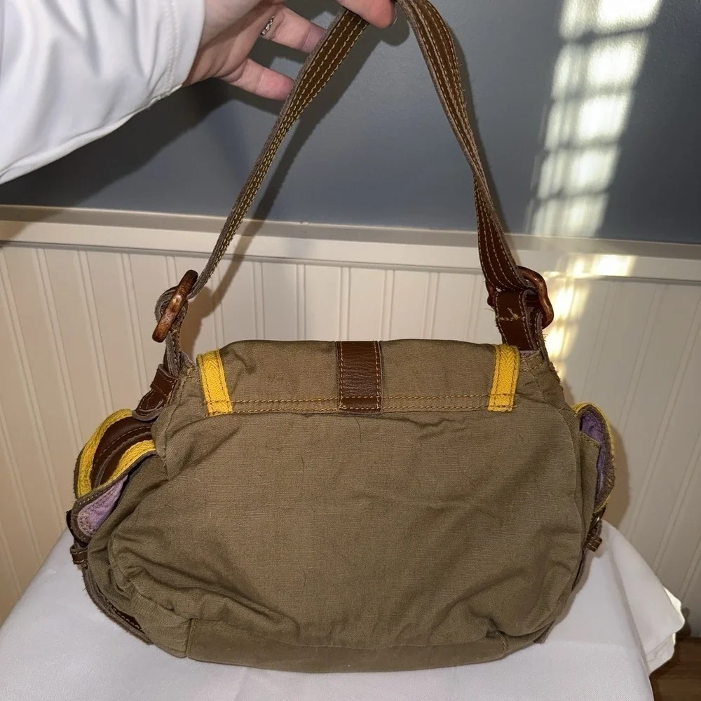 VTG GAP Jeans 1969 Hobo Buckle Shoulder Bag Brown Yellow Leather Canvas Purse